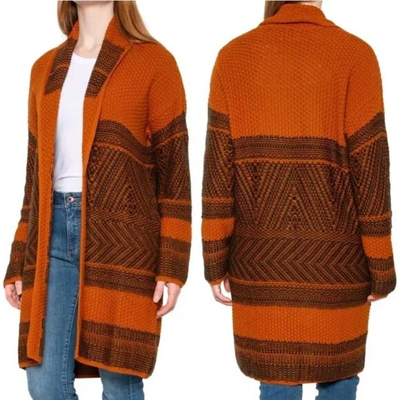 Lucky Brand Fair Isle Knit Open Cardigan Sweater Caramel/Black Women's Size M - Picture 1 of 6